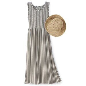 Northstyle Smocked Striped Maxi Dress Sleeveless Gathered Skirt S Taupe White